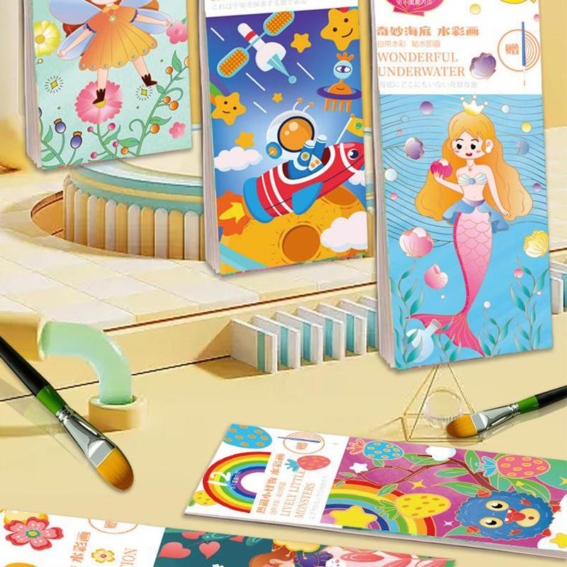 12 Sheets/Set Portable Watercolor Painting Book Coloring Book With Paint Brush Book Kids Graffiti Picture Drawing Stationery