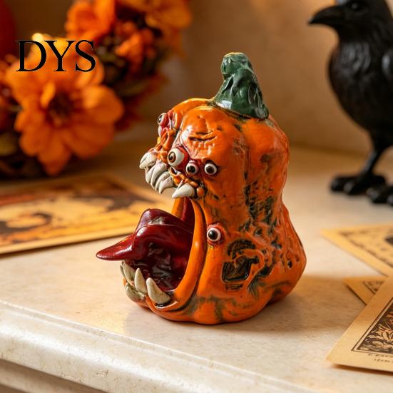 Pumpkin Shape Ornament Halloween Evil Figurine, with Multi Eyes and Holiday Ornaments Fangs, Demon Resin Statue for Party Decoration