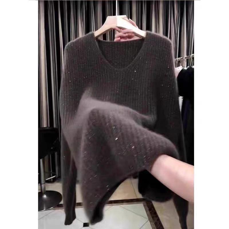 2026 Autumn Fine Glitter V-Neck Sequined Knitwear Sweater - Stylish Lazy Black Edition for Women