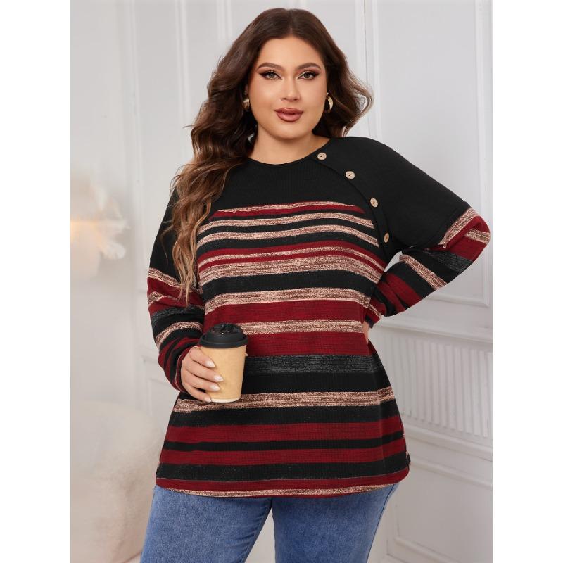 

Женский мешковатый топ больших размеров в полоску с длинными рукавами и круглым вырезом 1XL чёрный