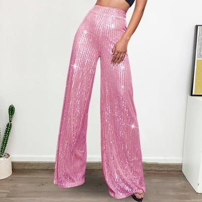 Pantalon long taille haute à paillettes scintillantes, pantalon droit à jambe large, taille élastique, coupe ample