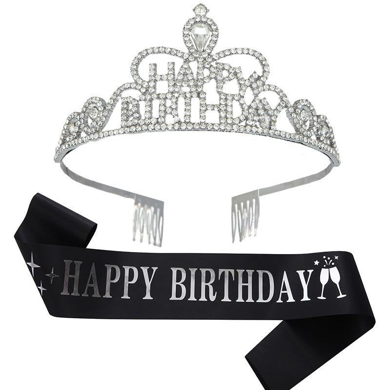 Happy Birthday Party Crown Hair Band Crystal Headwear Hair Accessory Gold Onion Cloth Belt Sash