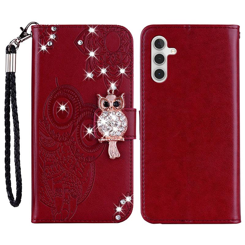 

For Samsung Galaxy A25 5G (Global) (161.0 x 76.5 x 8.3mm) Case Owl Imprint Rhinestone Decor Leather Phone Wallet Cover Red