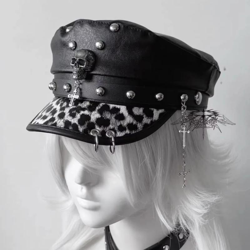 Berretto in PU Moda Stile Punk Vintage con Parte Superiore Piatta Cappelli Militari Casual da Esterno Cappellino dell'Esercito