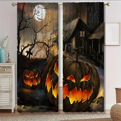 Halloween Curtains Horror Pumpkin Pumpkin Car Semi Blackout Curtain for Bedroom Living Room Window Kitchen Office Home 2panel