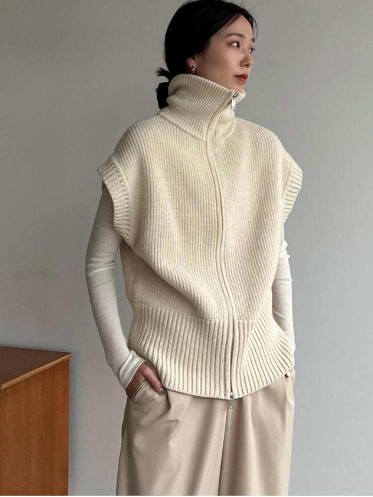 Suéter de punto para mujer de otoño con cuello alto, alta calidad, casual, moderno, sin mangas, con cremallera, camiseta interior, prendas básicas de punto