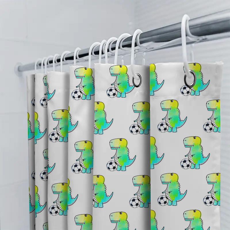 Watercolor Dinosaur-Themed Shower Curtain Set With Soccer Ball Pattern For Bathroom Decor Yellow Green Blue Multicolor Modern De