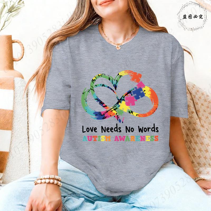 Autism Awareness Women Top Love Needs No Words Puzzle Graphic Tshirts O Neck Short Sleeve Summer Oversized FeUnisex Clothes