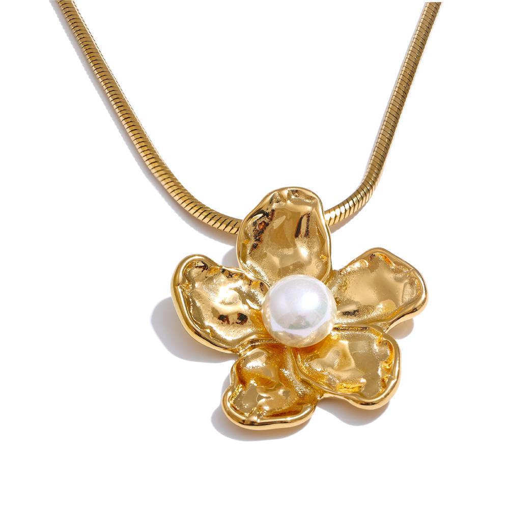 

Yhpup 47+7cm New Arrival Stainless Steel Inlaid Pearls Metal Flower Trend Charm Pendant Necklace Elegant Fashion Popular Jewelry