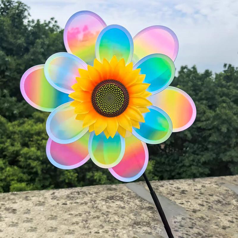 1 Piece Colorful Film Double-Layer Sunflower Windmill Rotating Sunflower Wind Spinner Stake Standing Lawn Flower Pinwheel