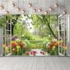 Rustikales Fensterbild Grüner Wald Tulpenblumen Foto Hintergrund