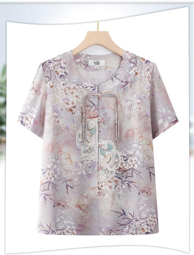 Chinese Style Summer Suit: Short-Sleeved Shirt & Cardigan Set for Middle-Aged and Elderly Women