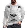 Round Neck 3D Tiger Lion Printed Top Casual Long Sleeved Men's T-shirts - Soft Medium Stretch Polyester Fabric Spring and Autumn Relaxed Fit Clothing