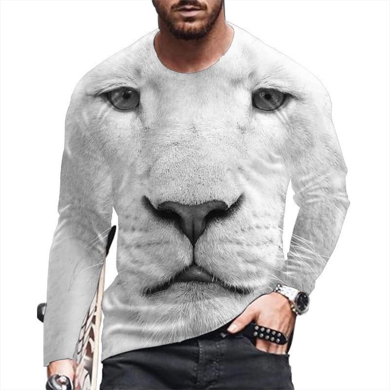 Round Neck 3D Tiger Lion Printed Top Casual Long Sleeved Men's T-shirts - Soft Medium Stretch Polyester Fabric Spring and Autumn Relaxed Fit Clothing
