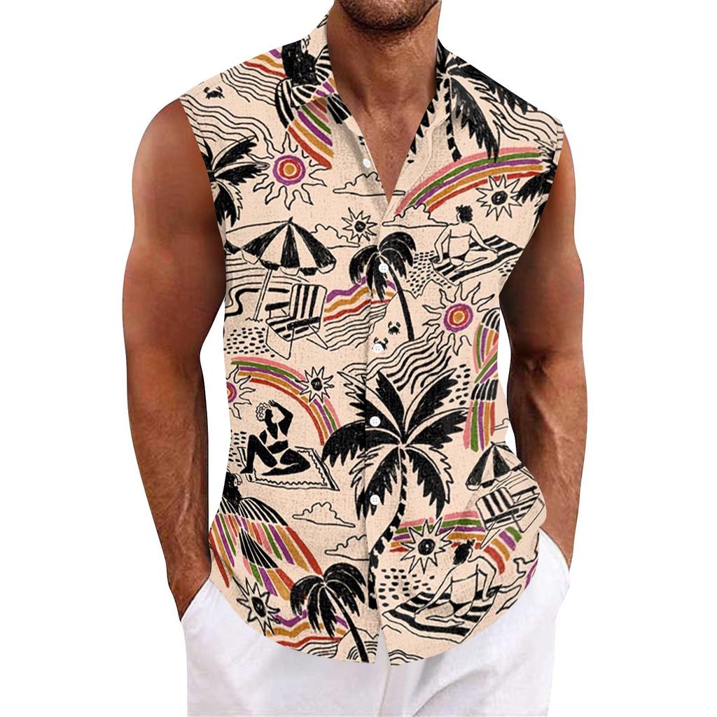 Men Tank Tops Sleeveless Shirts for Men with Button Down Collar and Tropical Print Men’s Tank Tops Men’s Tank Shirts