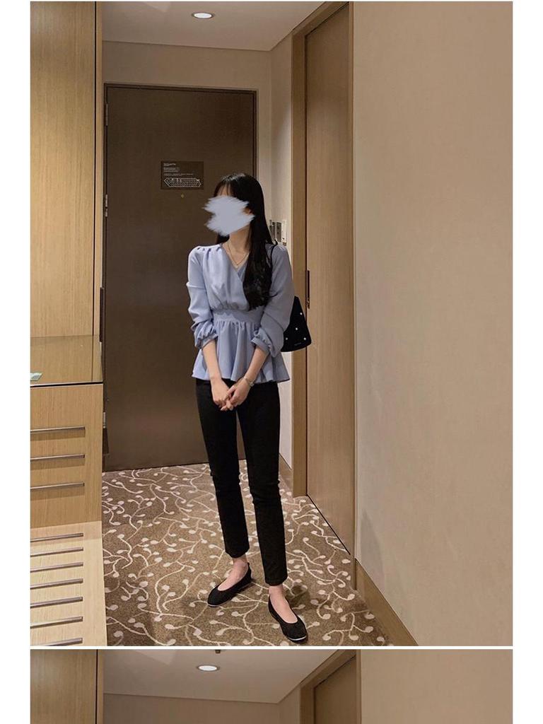 Elegant V-neck Chiffon Blouse - Women's Spring/Autumn, Waist-Slimming Tie-up, Long-Sleeve, Sweet Fairy Style