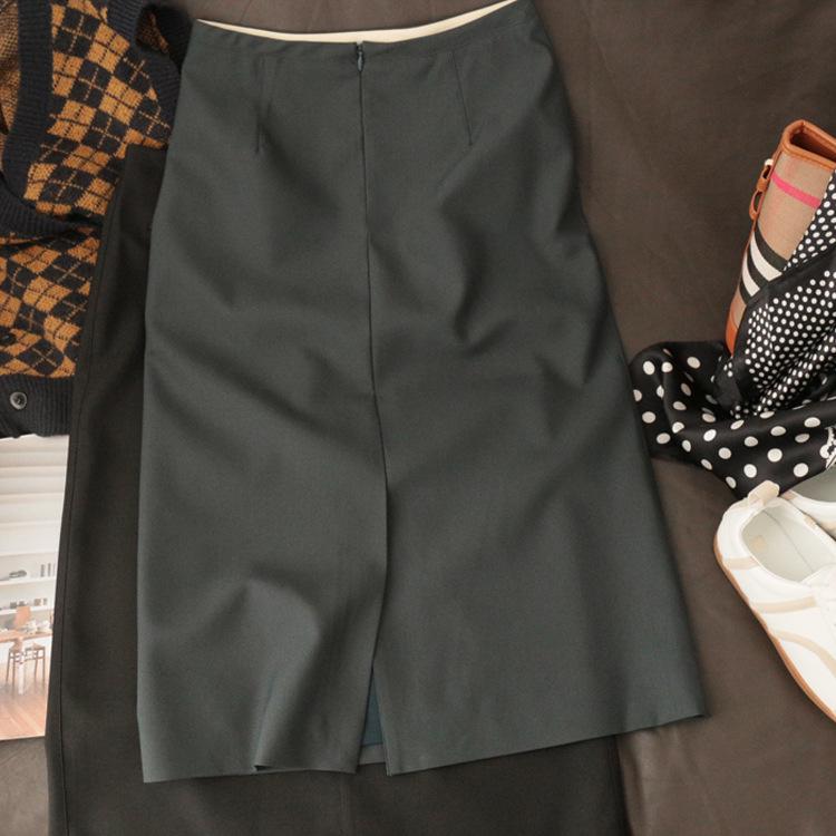 Elegant British Retro High-Waist Straight Midi Skirt with Back Slit