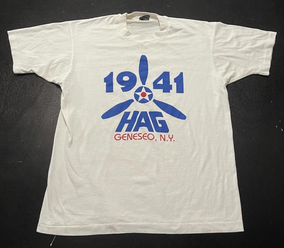 

Vintage 80s 1941 HAG Geneseo NY Airplane 100% Cotton T-shirt Mens Tees Top, White, Size: Large 2XL