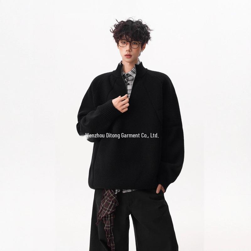 

Unisex Design Half-Zip Stand-Collar Sweater: Trendy Autumn/Winter Knitwear with High-End, Casual Style L чорний