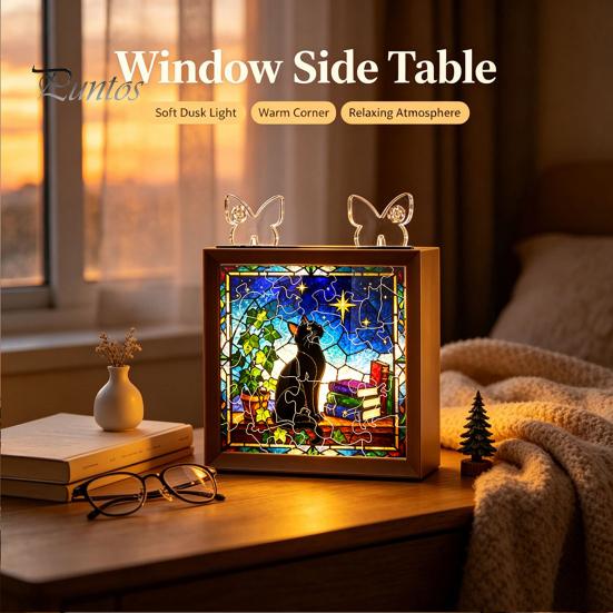 Wooden Photo Frame Base DIY Acrylic Cat Puzzles Night Light, Hand-Assembled Stained Glass Style Jigsaw Lamp with Personalized Handmade Presents Decor,