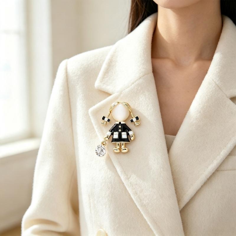 Character Brooch Pin for Women Gold Tone Alloy Girl Design with Black and White Enamel Style Detail for Jackets Scarves Bags and Daily Wear