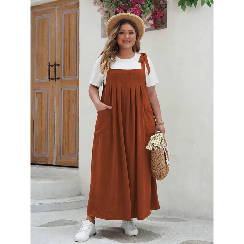 Plus Size Solid Tie Shoulder Overalls Dress For Women  Summer Casual Loose Sleeveless Maxi Long Dresses with Pockets