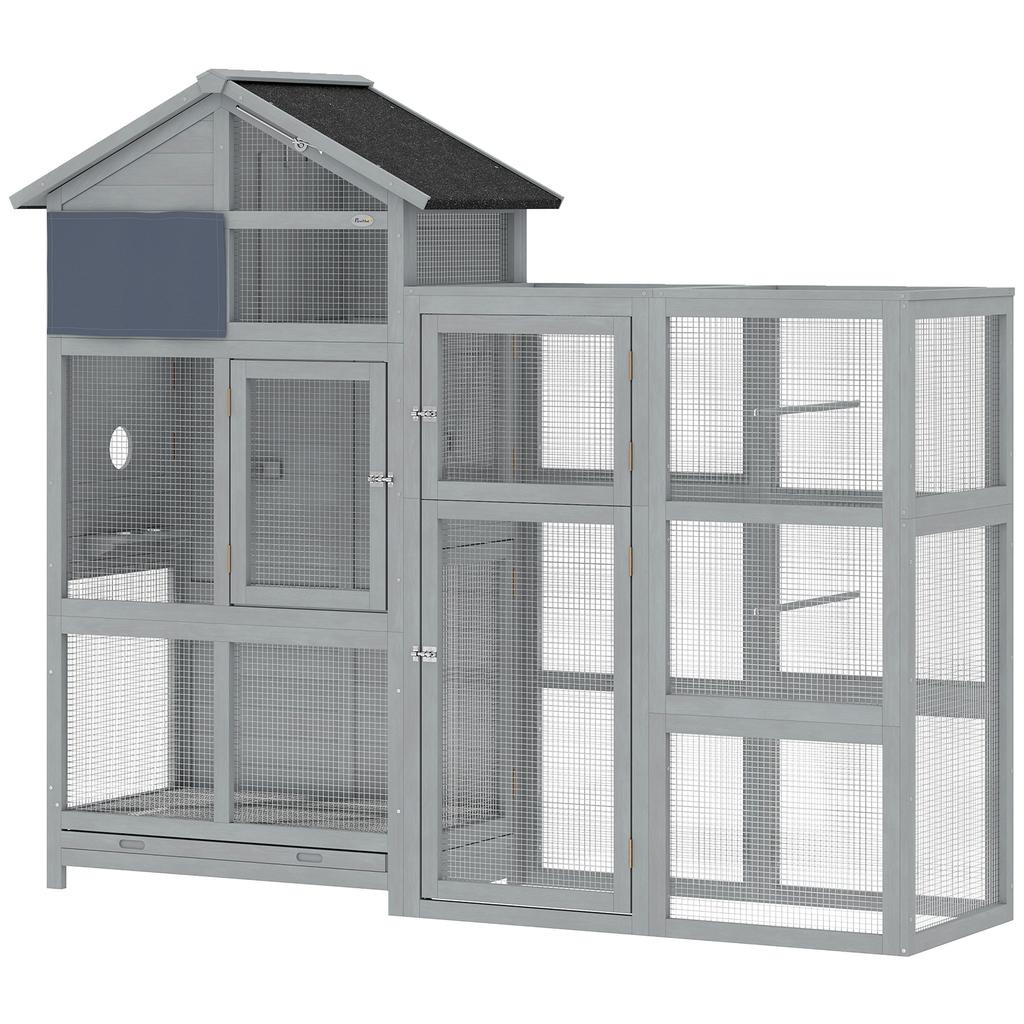 Aviary Bird Aviary made of Wood with 6 Perches Storage Compartment Pull-Out Drawer Stainless Steel Bowls 196x60x164.5cm Grey