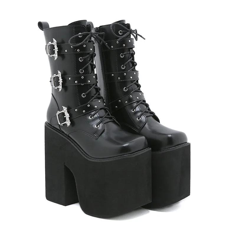 Fashion Big Size autumn Buckle Knight Boots New Ultra High Front Lace-up Thick Sole Side Zipper Boots Patent Leather Ankle Boot