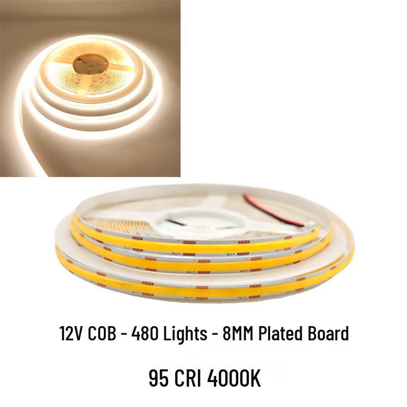 COB LED Strip Light 12V/24V, 320/480 LEDs, 8MM, 90 CRI, Self-Adhesive, Aluminum Channel.