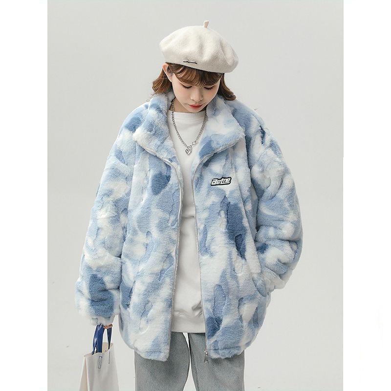 Winter new trendy brand tie-dye stand-up collar lamb wool jacket for men and women street casual padded couple cotton-padded clothes