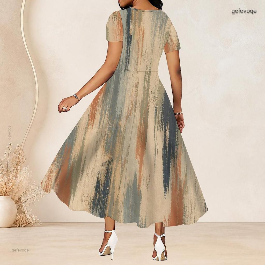 Women Plus Size Round Neck Short Sleeve Colorful Printed A Line Long Dress