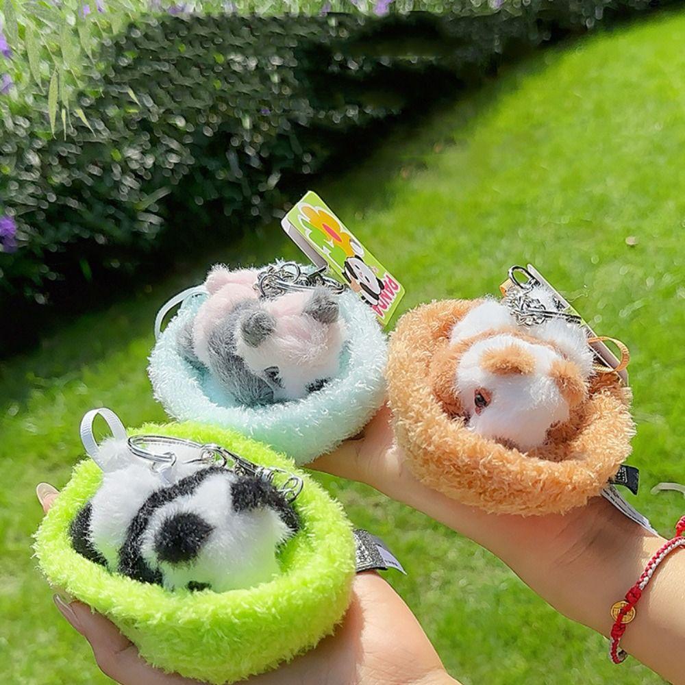 PP Cotton Baby Panda Plush Pendants Sleeping in Cradle Full Moon Panda Keyrings  Female Lady Girl