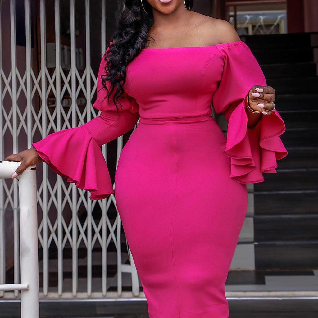 D3090 Stor Storlek Dam 2022 Vår/Sommar Trumpetärm Kroppsnära Klänning