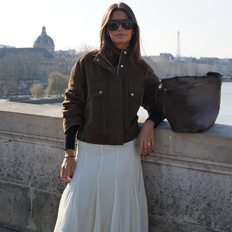 Vintage Women's Suede Bomber Jacket Fashion Lapel Zipper Full Sleeve Female Coats Spring Lady Elegant Casual Streetwear