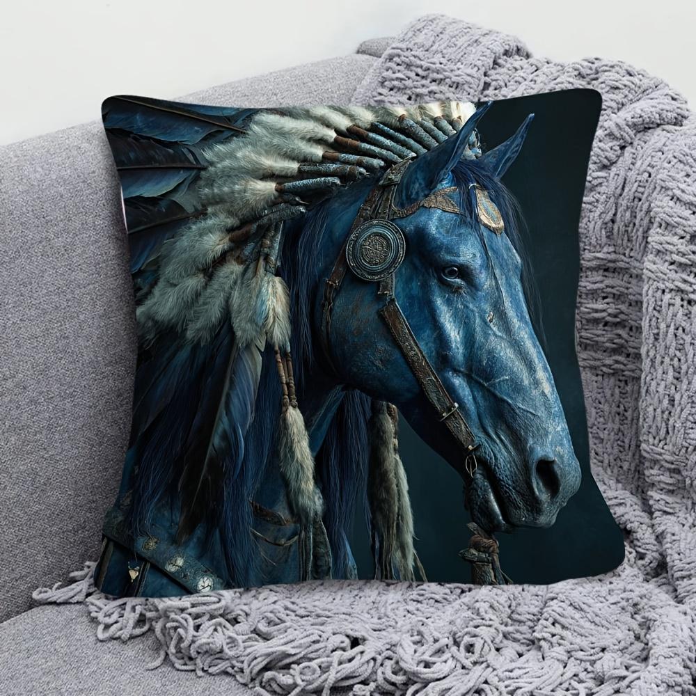 1Pc Of Short Plush Decorative Pillow Cover Featuring An Apache War Horse Design In Blue, With Single-Sided Printing. It Measures