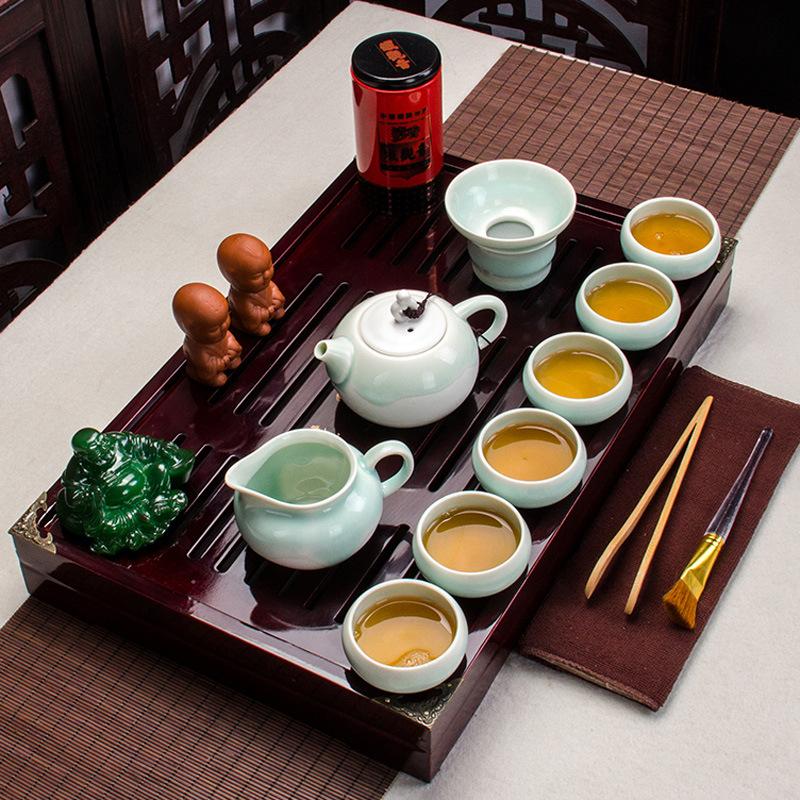 Juego de té chino de vidrio transparente resistente al calor, juego de té de madera maciza con paquete de bandeja de té Kung Fu