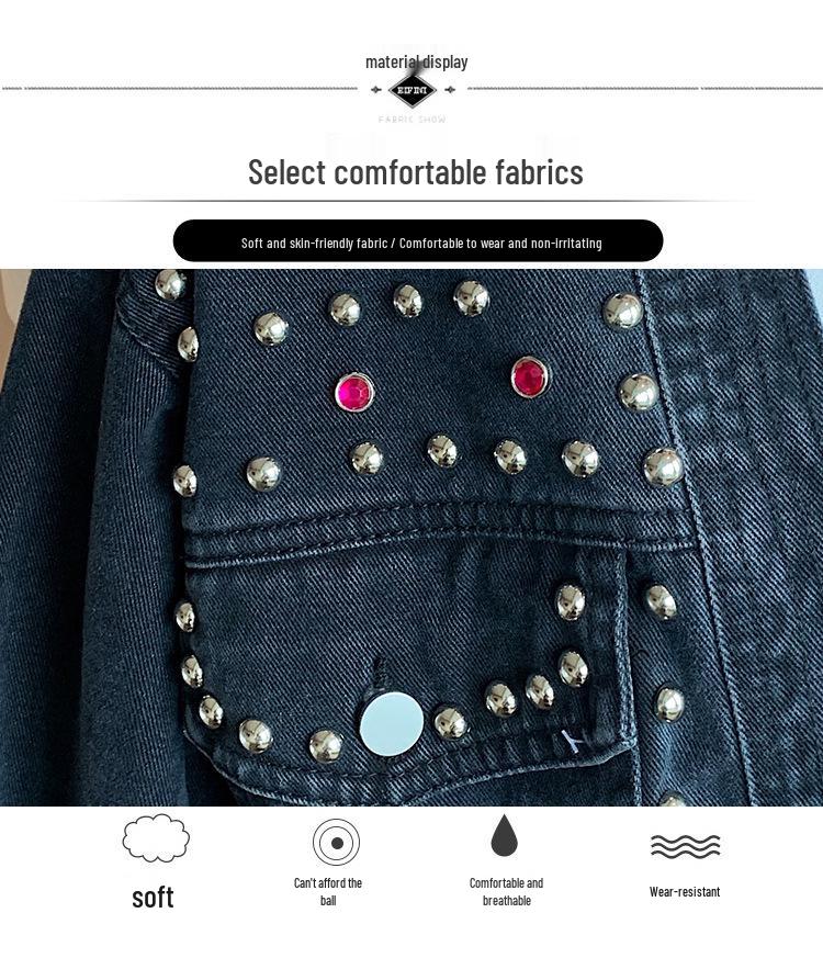 Veste en jean décontractée à col en V, style coréen, perles, pour le printemps et l'automne 2024 - Haut polyvalent amincissant pour la taille, mode femme