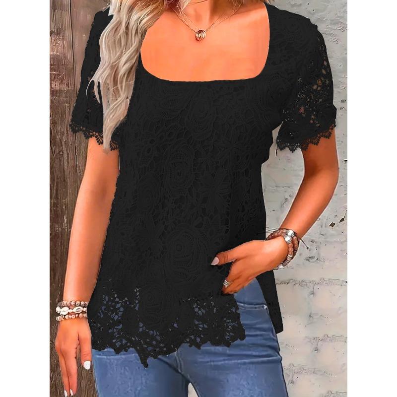 JPNTKY Women's Fashion Casual Solid Color Print Short Sleeve Square Collar Blouses & Shirts