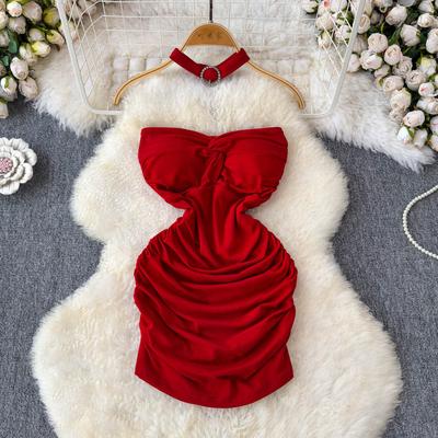 Women's Sexy Twisty Strapless Dress Spicy Girl's Ingenious Pleated Slimming and Body-hugging Dress