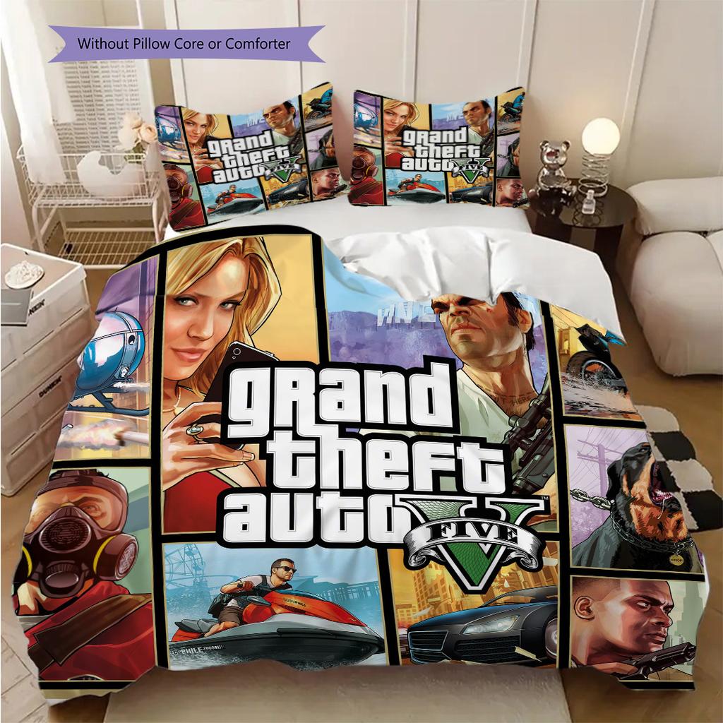 Ropa de cama con personajes vibrantes de Grand Theft Auto V (1 * funda nórdica + 2 * fundas de almohada, sin núcleo) Juego de ropa de cama de regalo de cumpleaños de Navidad plano 2D
