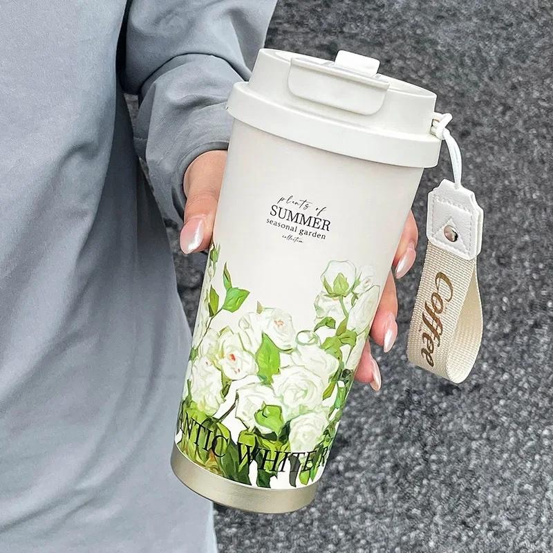 Van Gogh Style Flower Coffee Mug 500ml Stainless Steel Vacuum Flask Straw and Directly Drinking Insulated Tumbler Thermal Cup