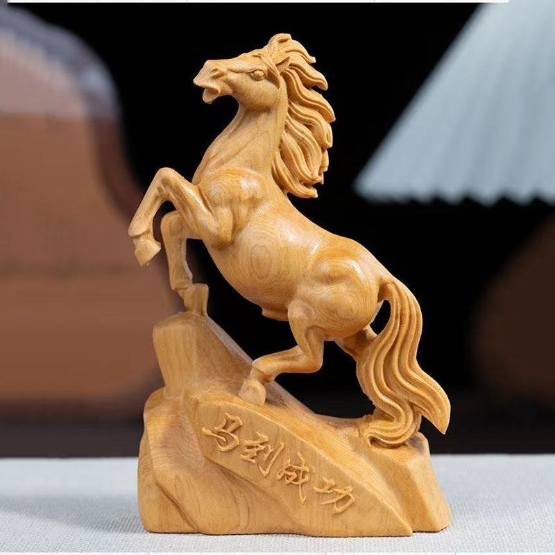 wood carving Zodiac Horse Animal figurine decoration Solid wood carving Home Living Room Office Wealth Luck Feng Shui Decor