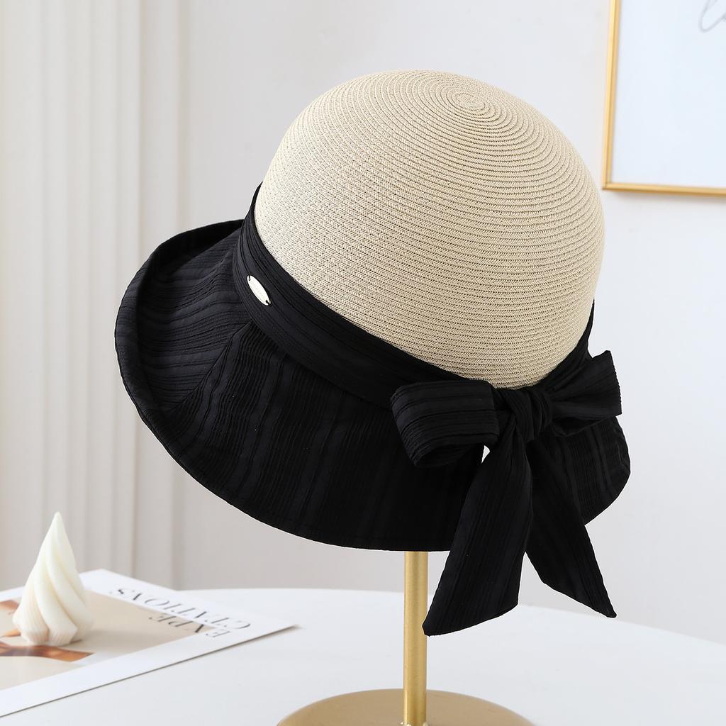 Women's Summer Wide Brim Bucket Hat Bow-Knot Patchwork Fisherman Style Beach Accessory