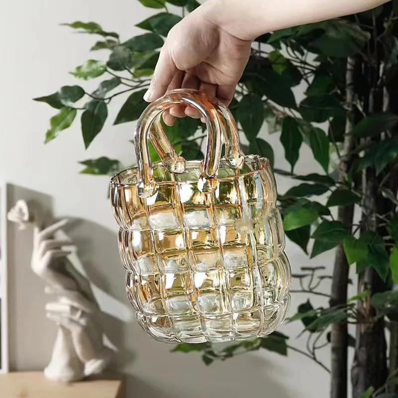 Clear Glass Vase Bag Handbag Basket Transparent Terrarium Flower Vase Floral Arrangement Accessories Living Room Decoration