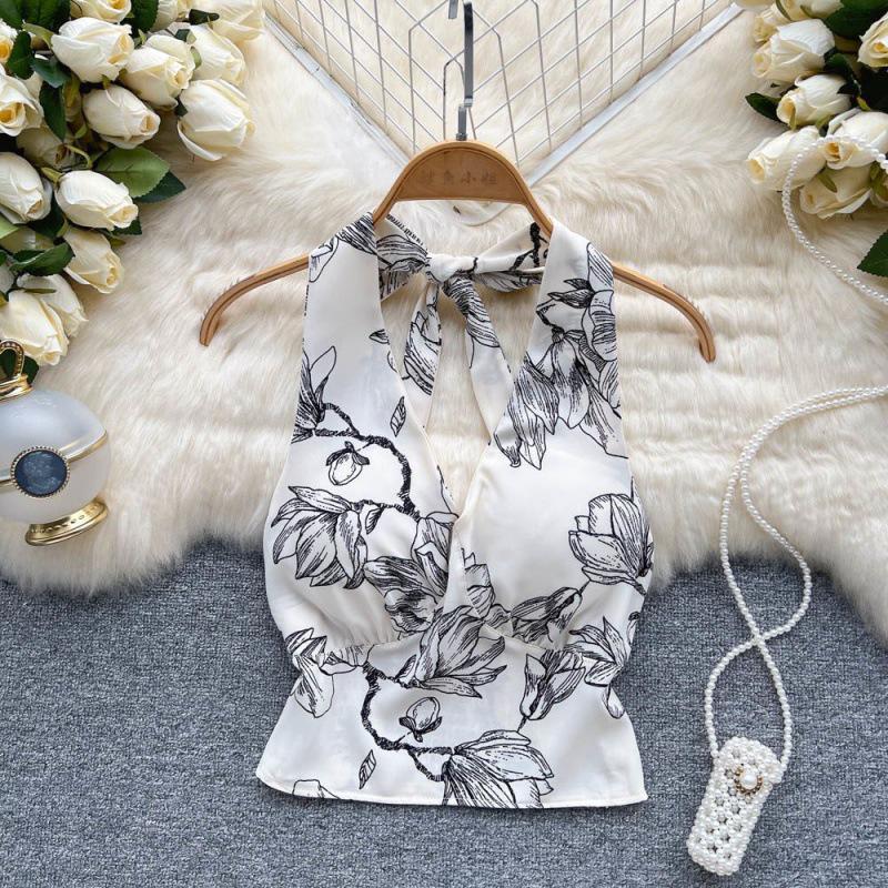 Celebrity Floral Halter Neck Backless Top - Women's Summer Trendy, Sexy, Versatile Vest