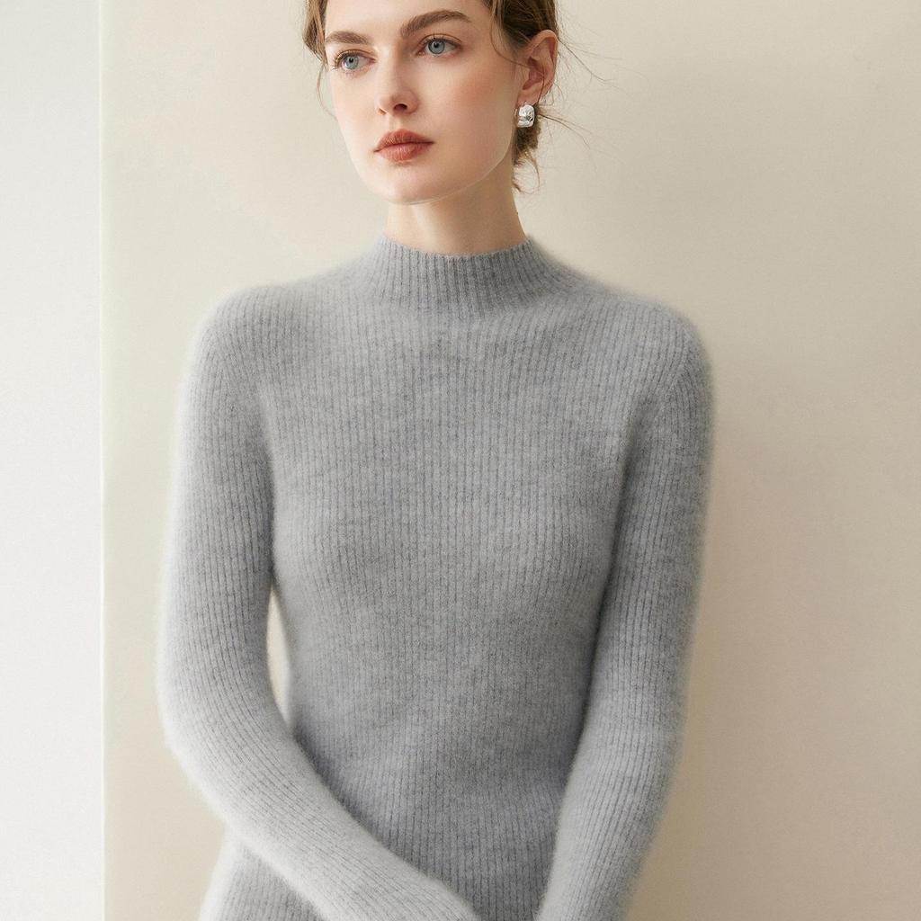 Women's Slim Fit Ribbed Cashmere Sweater - Half-High Neck