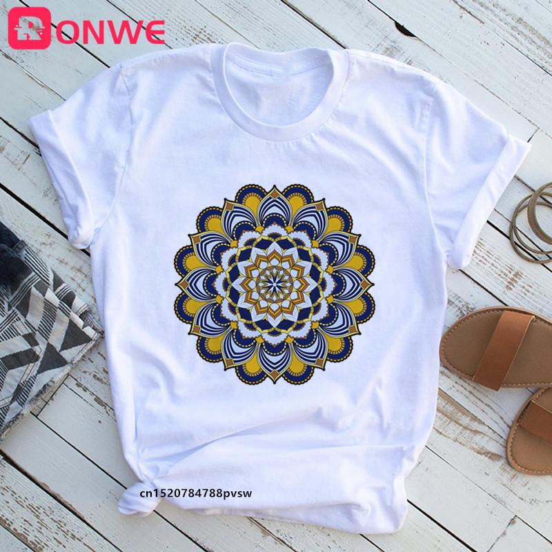 Mandala Flowers Stripes Thermo Funny Women T Shirt Girl Summer 90S Print Tops Tee Drop Ship