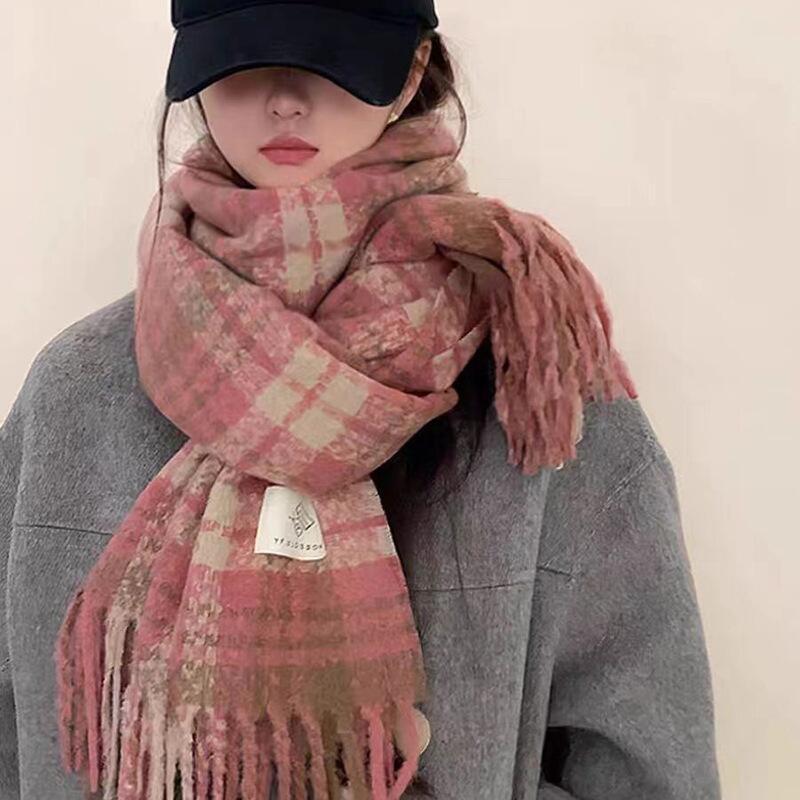 Korean Style Plaid Mohair Scarf - Women's Winter Imitation Cashmere Shawl
