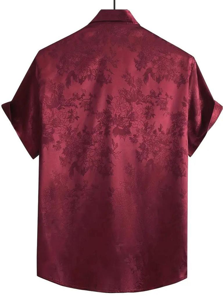 Men's 2025 Fashion Satin Jacquard Short-Sleeve Solid Color Lapel Shirt