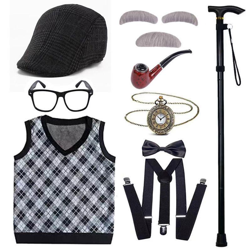 Disfraz de abuelo premium con peluca, chaleco elegante y accesorios para niños y adultos.